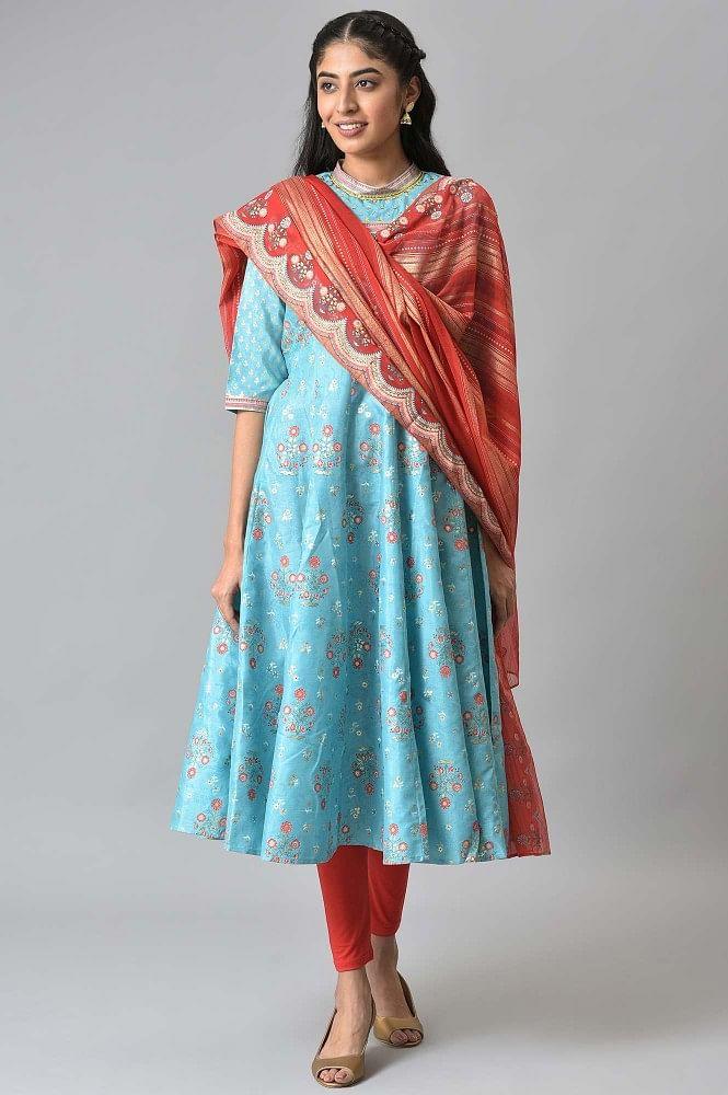 blue foil printed kurta with red tights and printed dupatta