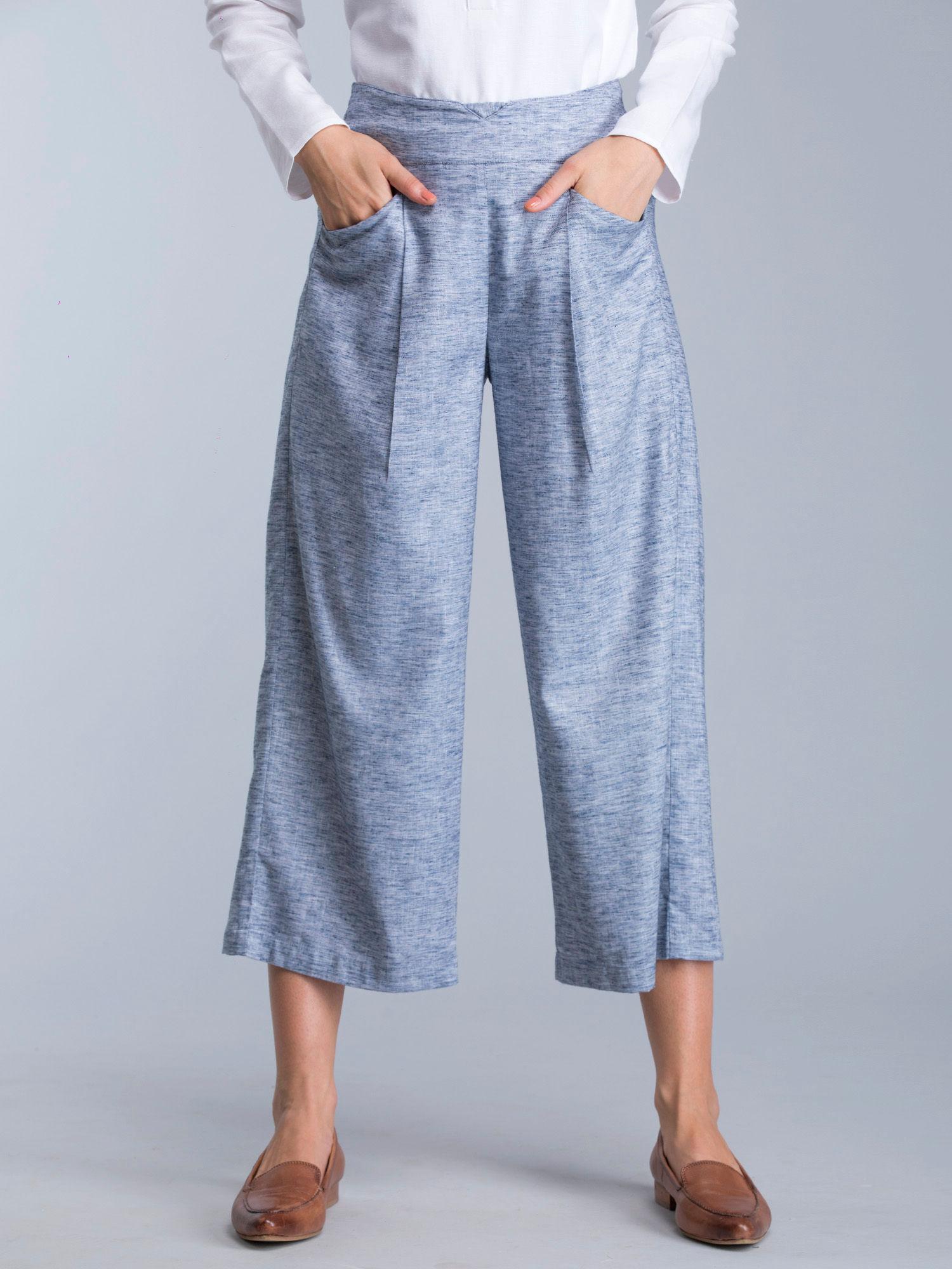 blue front crease melange culottes with elastic culottes