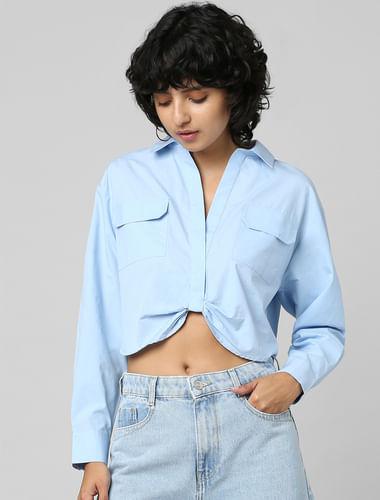 blue front knot cropped shirt