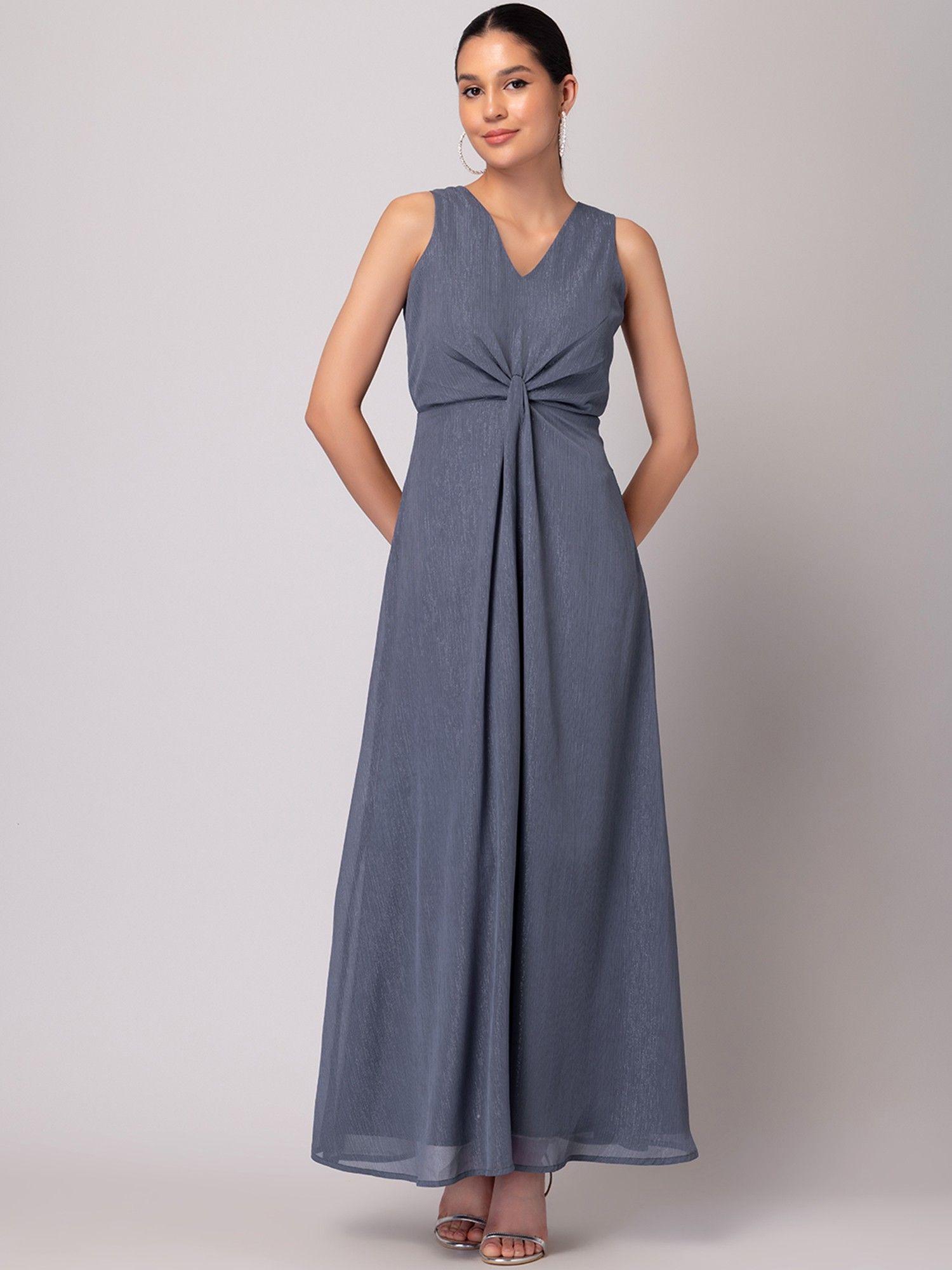 blue front knot maxi dress