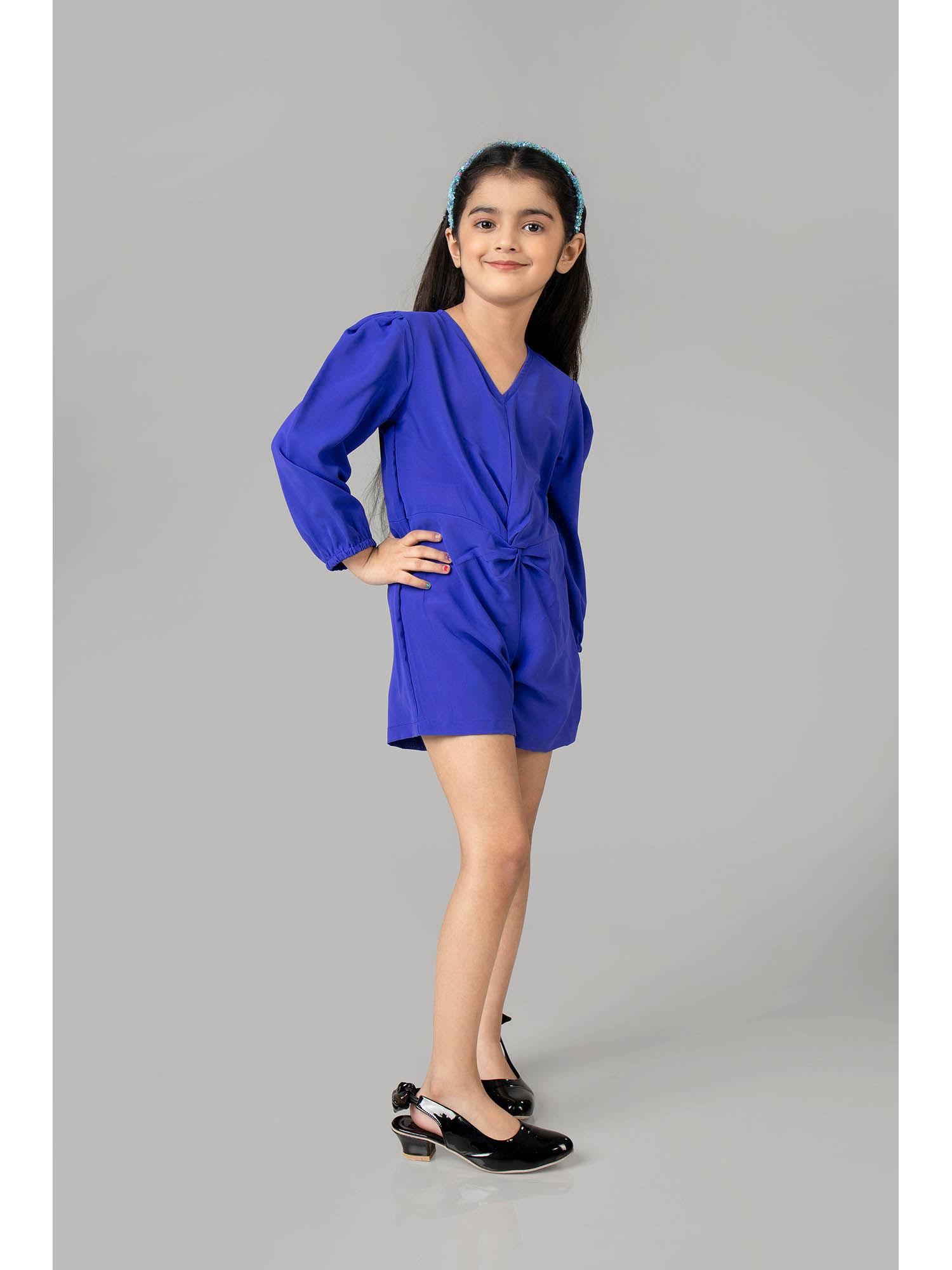 blue front knot playsuit for girls