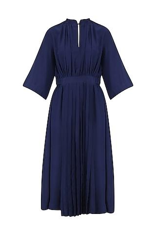 blue front pleat gather dress