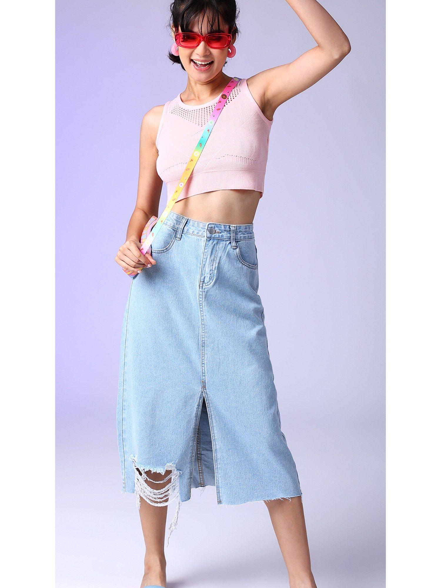 blue front slit distressed midi denim skirt