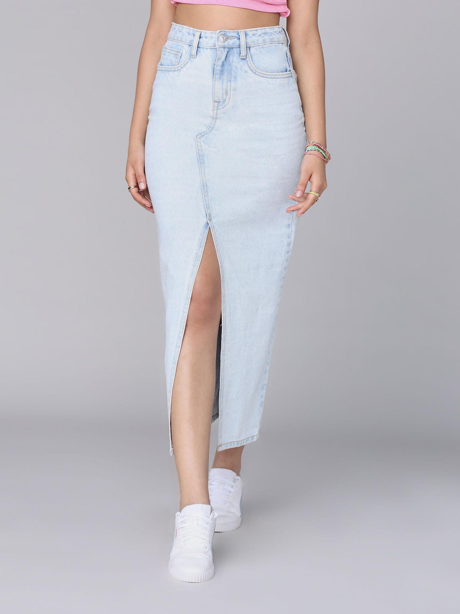 blue front slit high waist solid maxi denim skirt