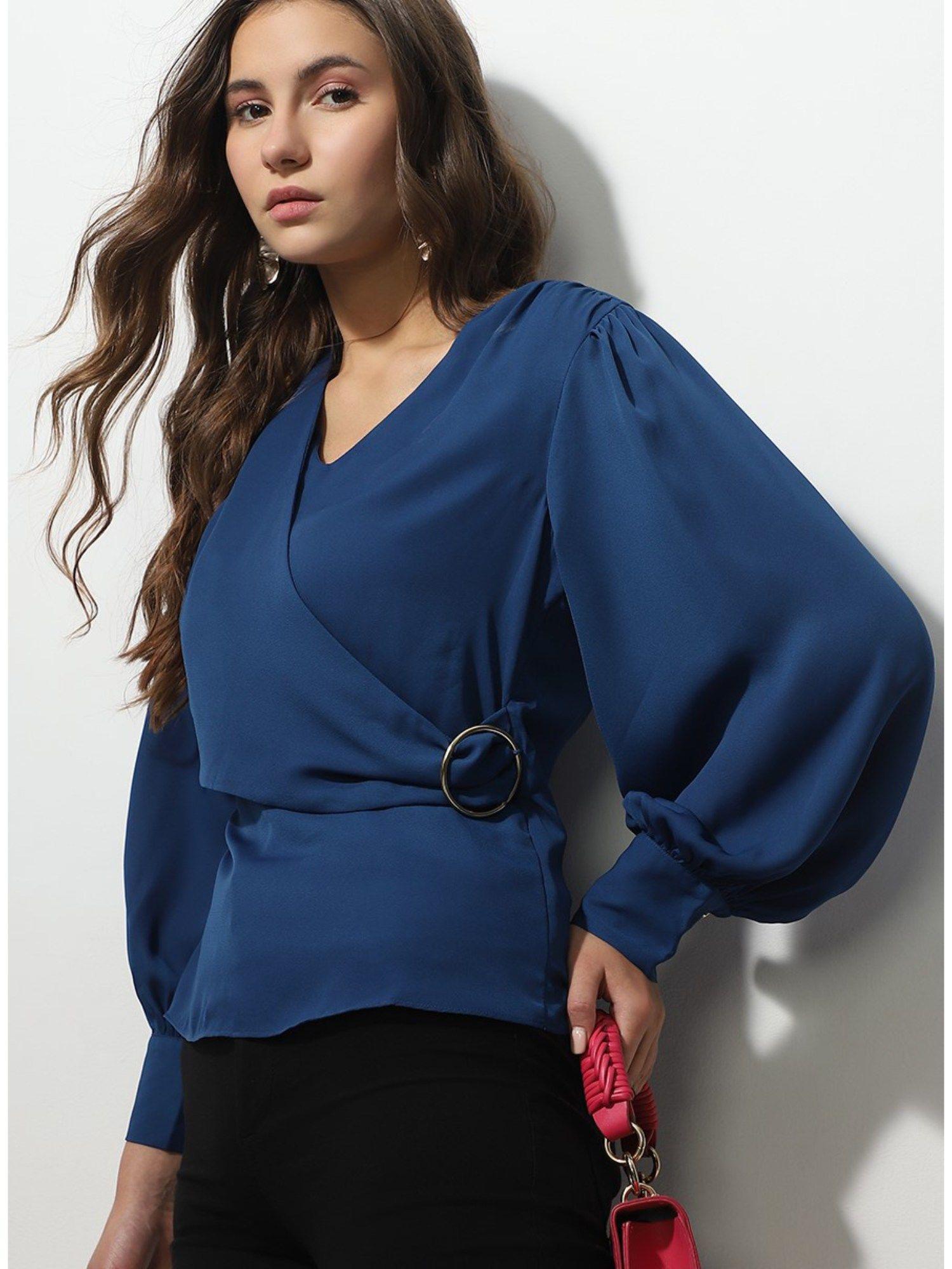 blue front wrap top