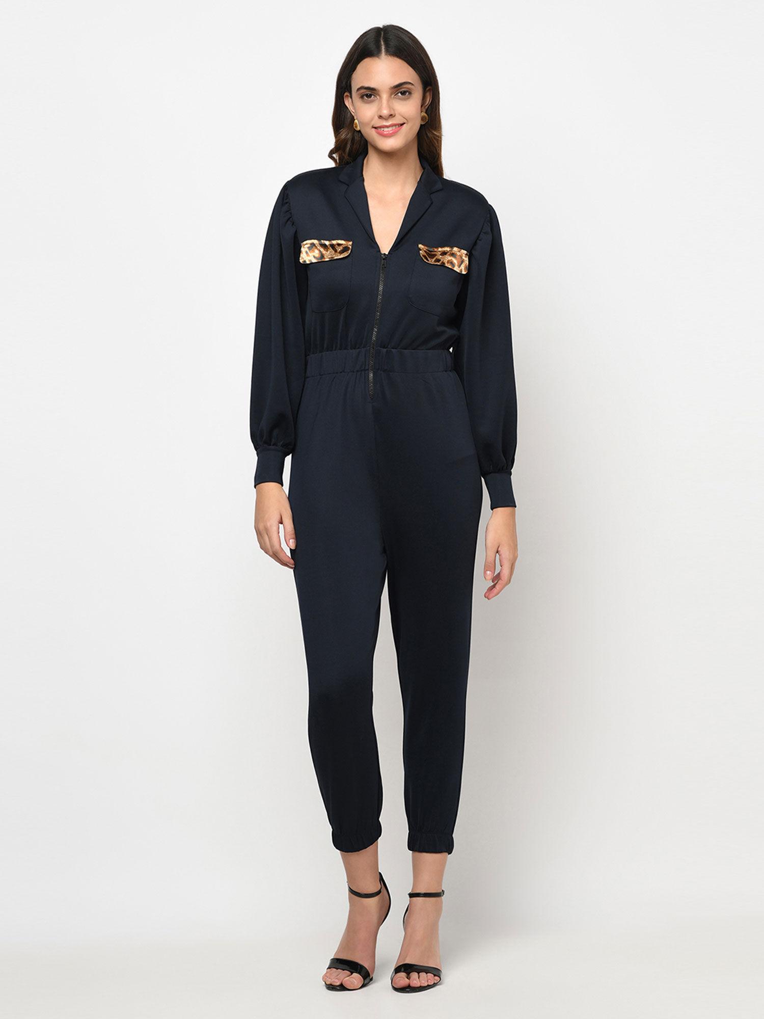 blue front zipper jogger fit jumpsuit