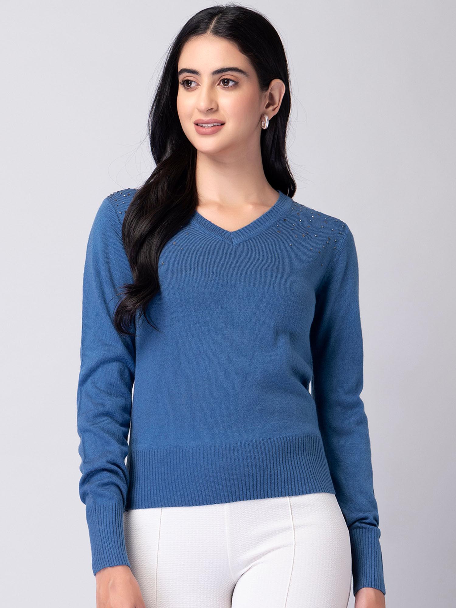 blue full sleeve embellished sweater