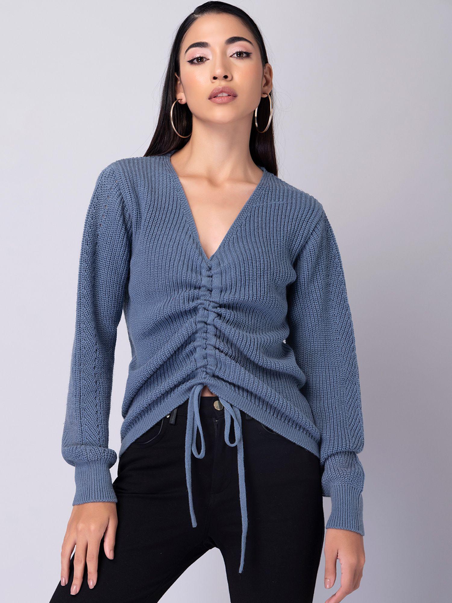 blue full sleeve ruched sweater