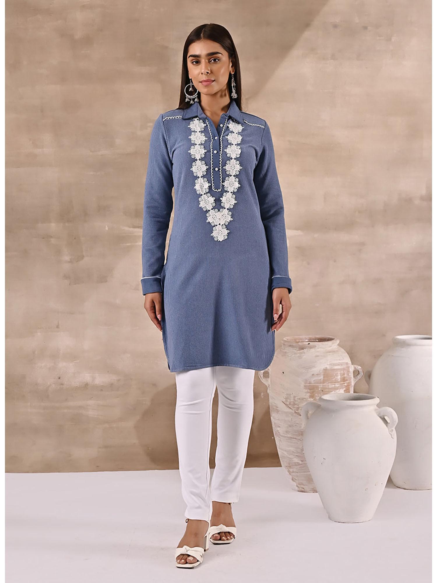 blue full sleeve woolen striped kurta with lace work