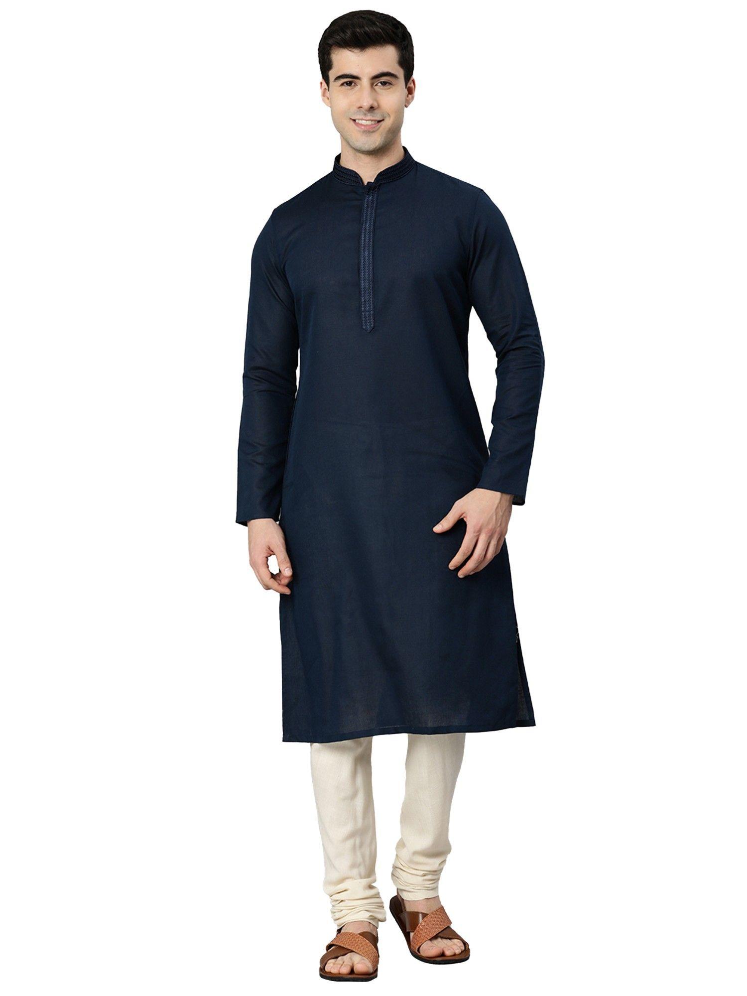 blue full sleeves casual blended linen solid kurta