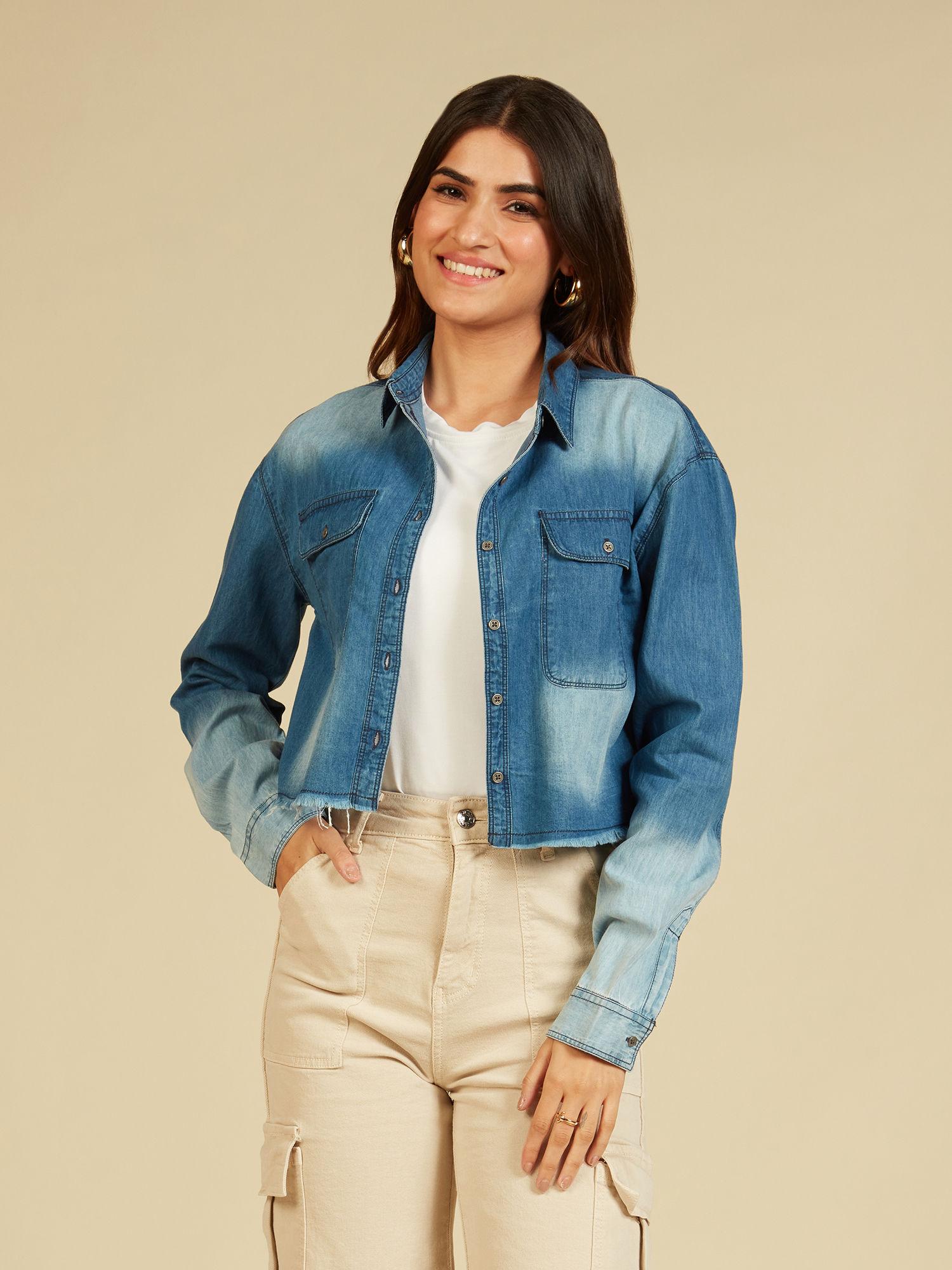 blue full sleeves crop denim shirt