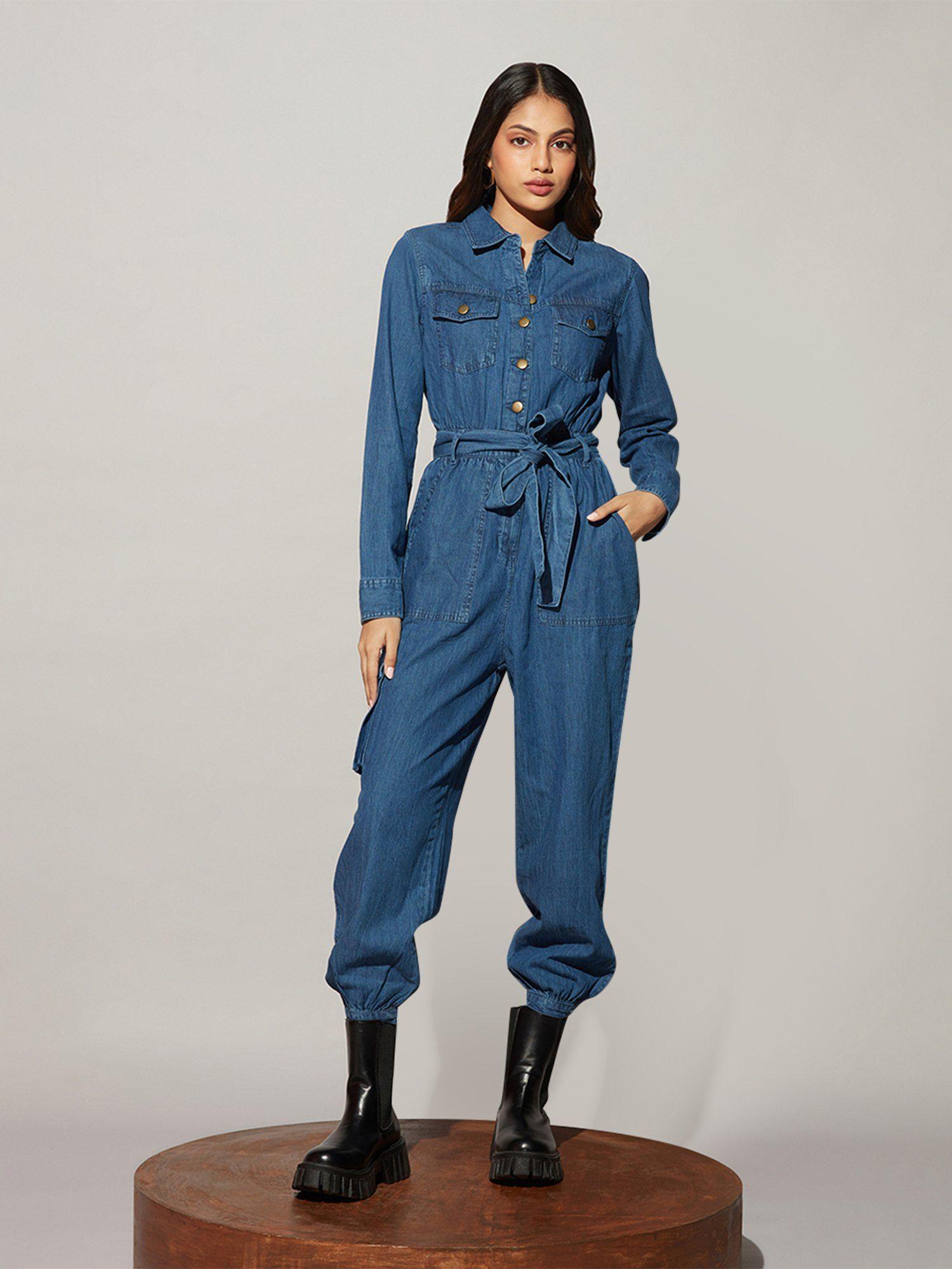 blue full sleeves denim jumpsuit (set of 2)