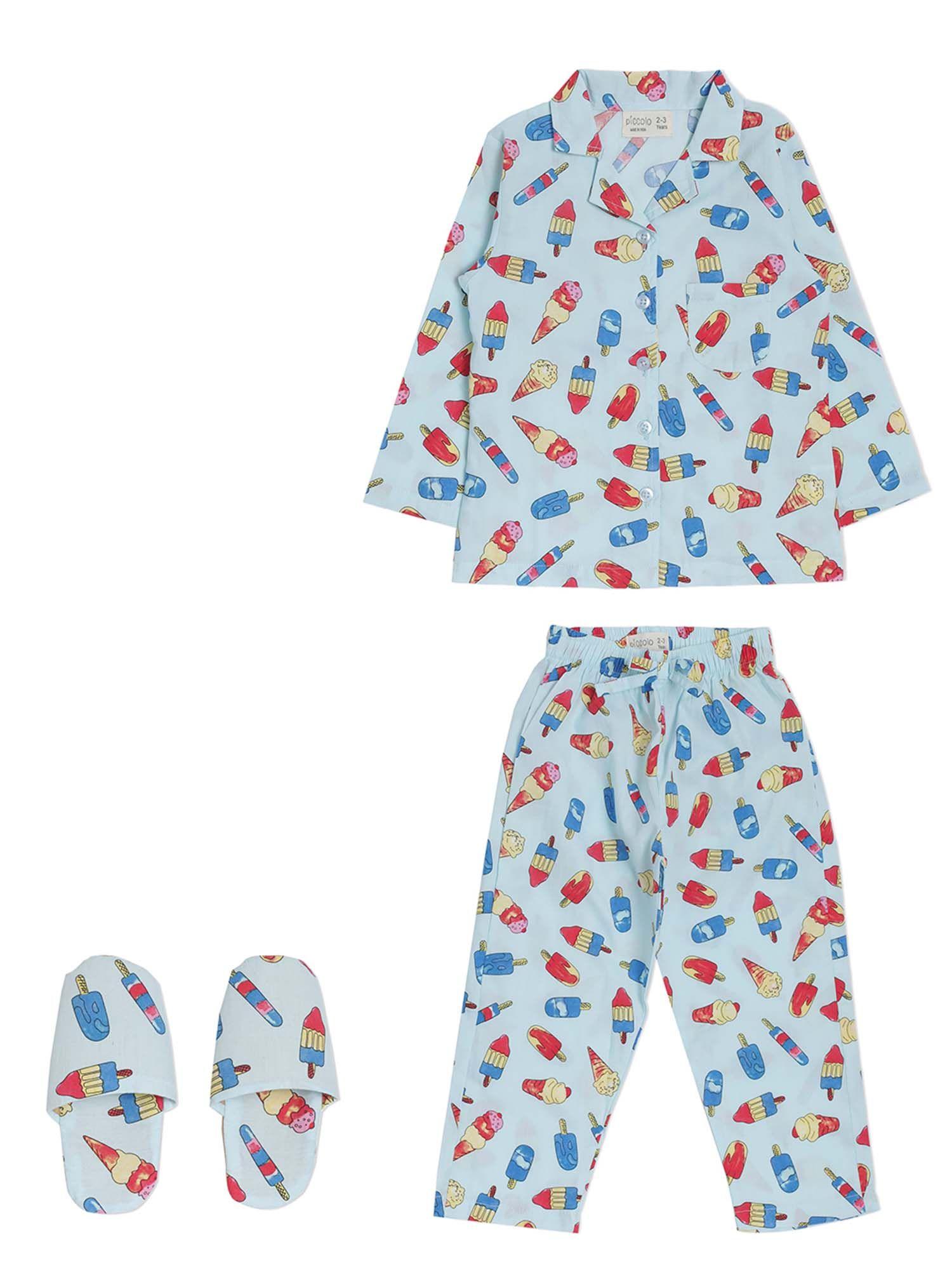 blue full sleeves printed top and pyjama set with slippers (set of 3)