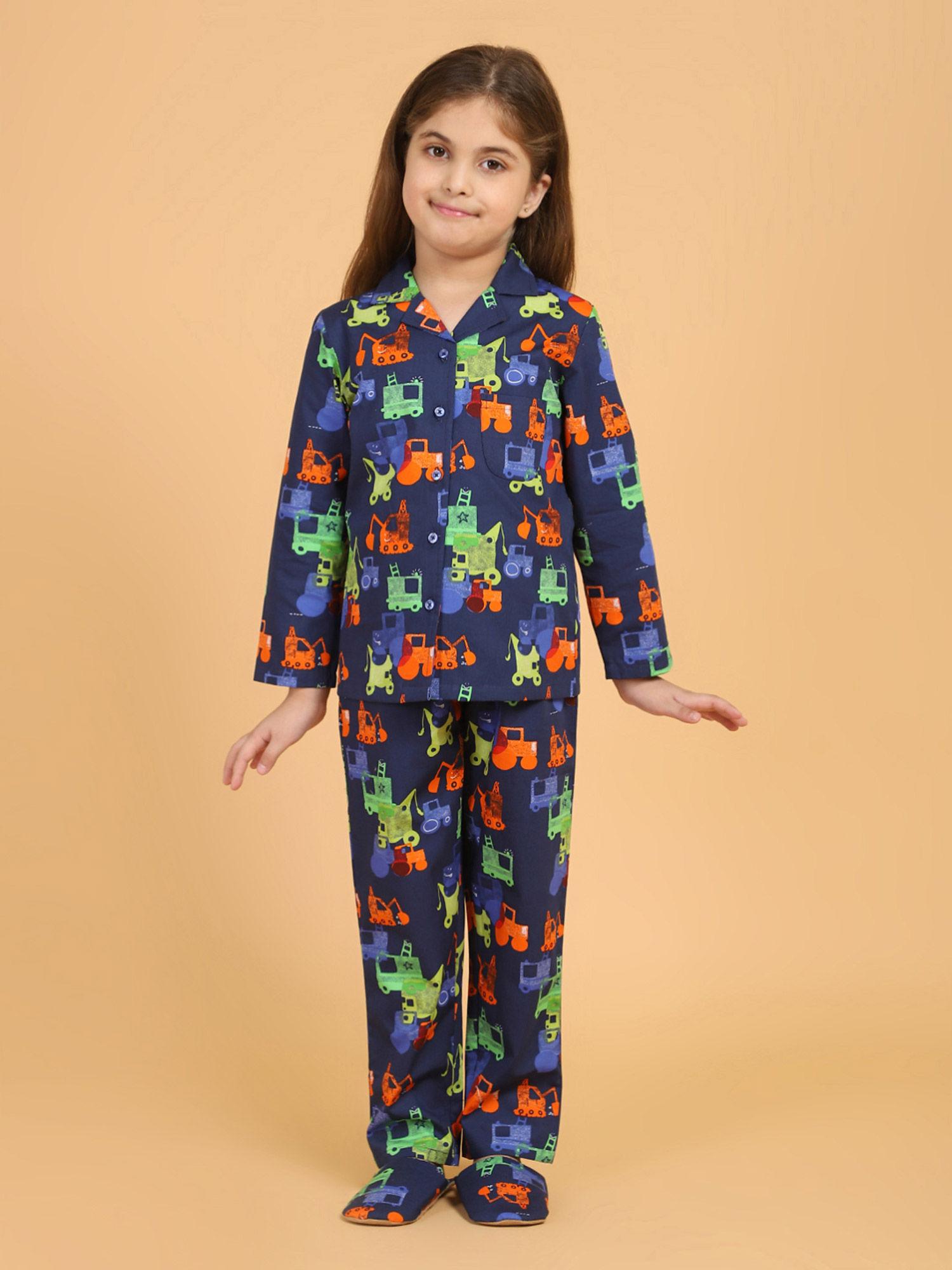 blue full sleeves printed top and pyjama with slippers (set of 3)