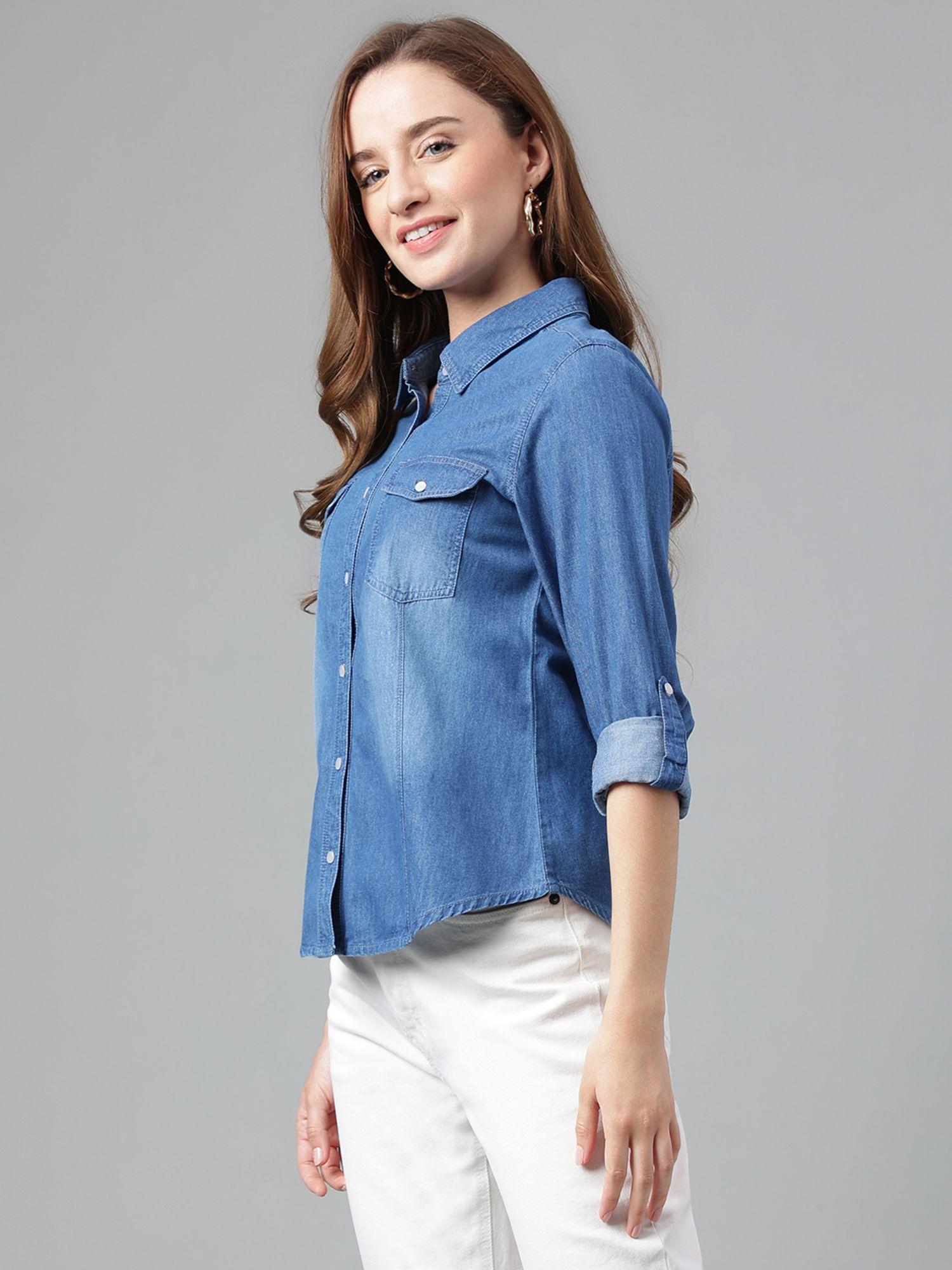 blue full sleeves solid/plain collar neck cotton top