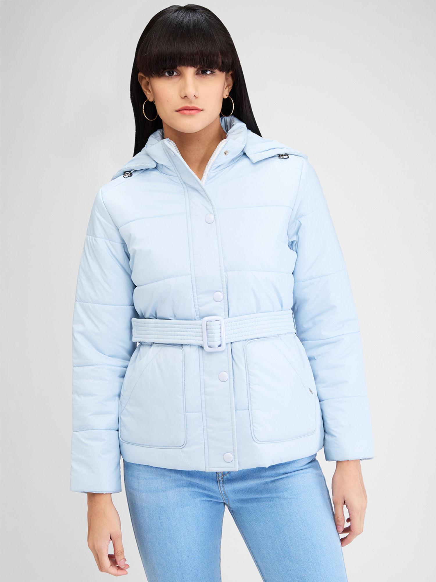 blue full sleeves solid jacket with belt (set of 2)