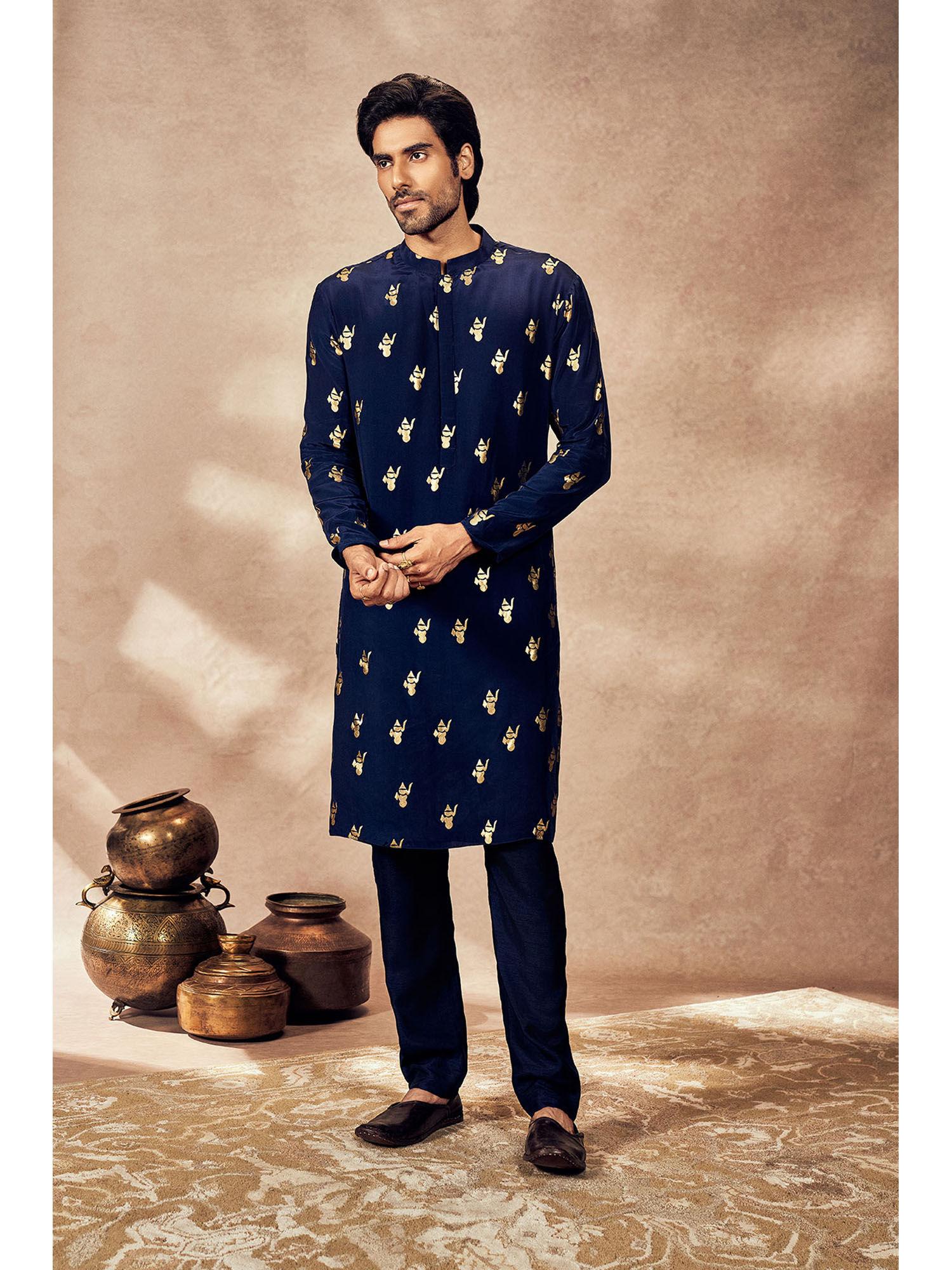 blue ganesha foil kurta with pant (set of 2)