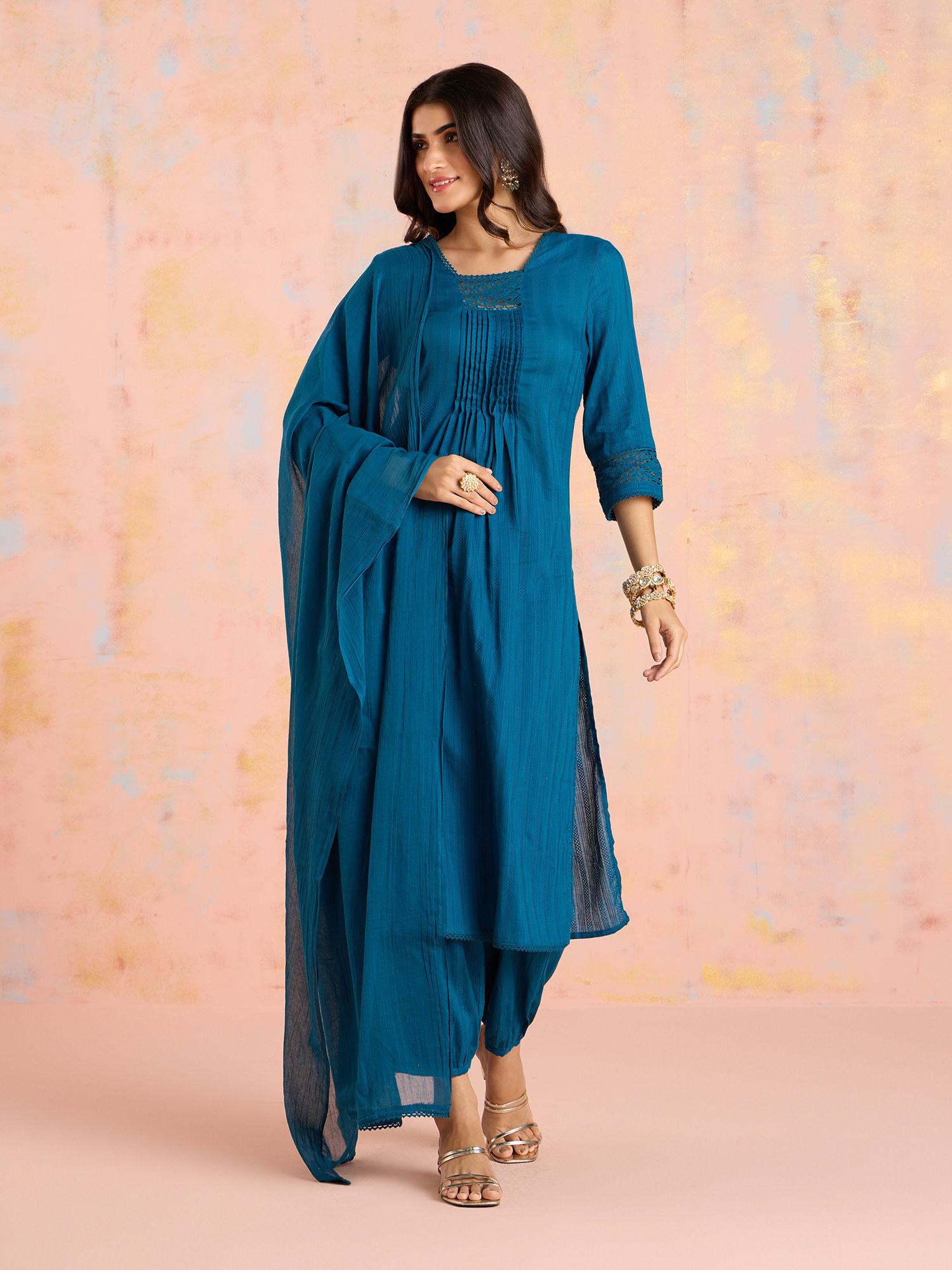 blue garden groove multi lace kurta pant and dupatta likskd278 (set of 3)