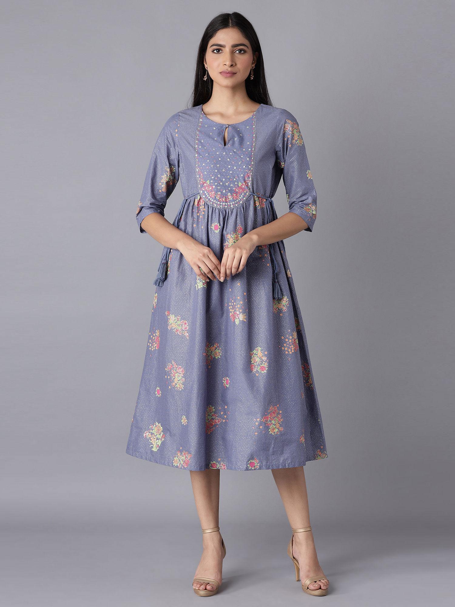 blue gathered dress