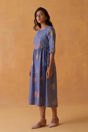 blue gathered dress