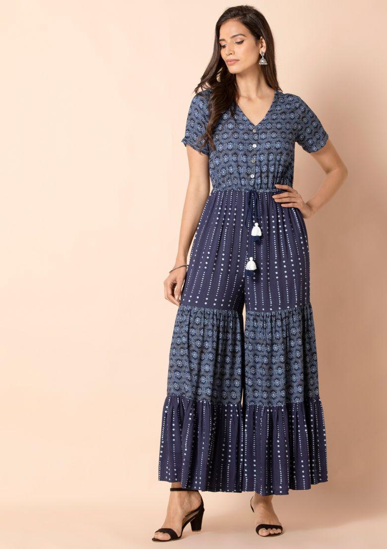 blue geometric drawstring tiered jumpsuit