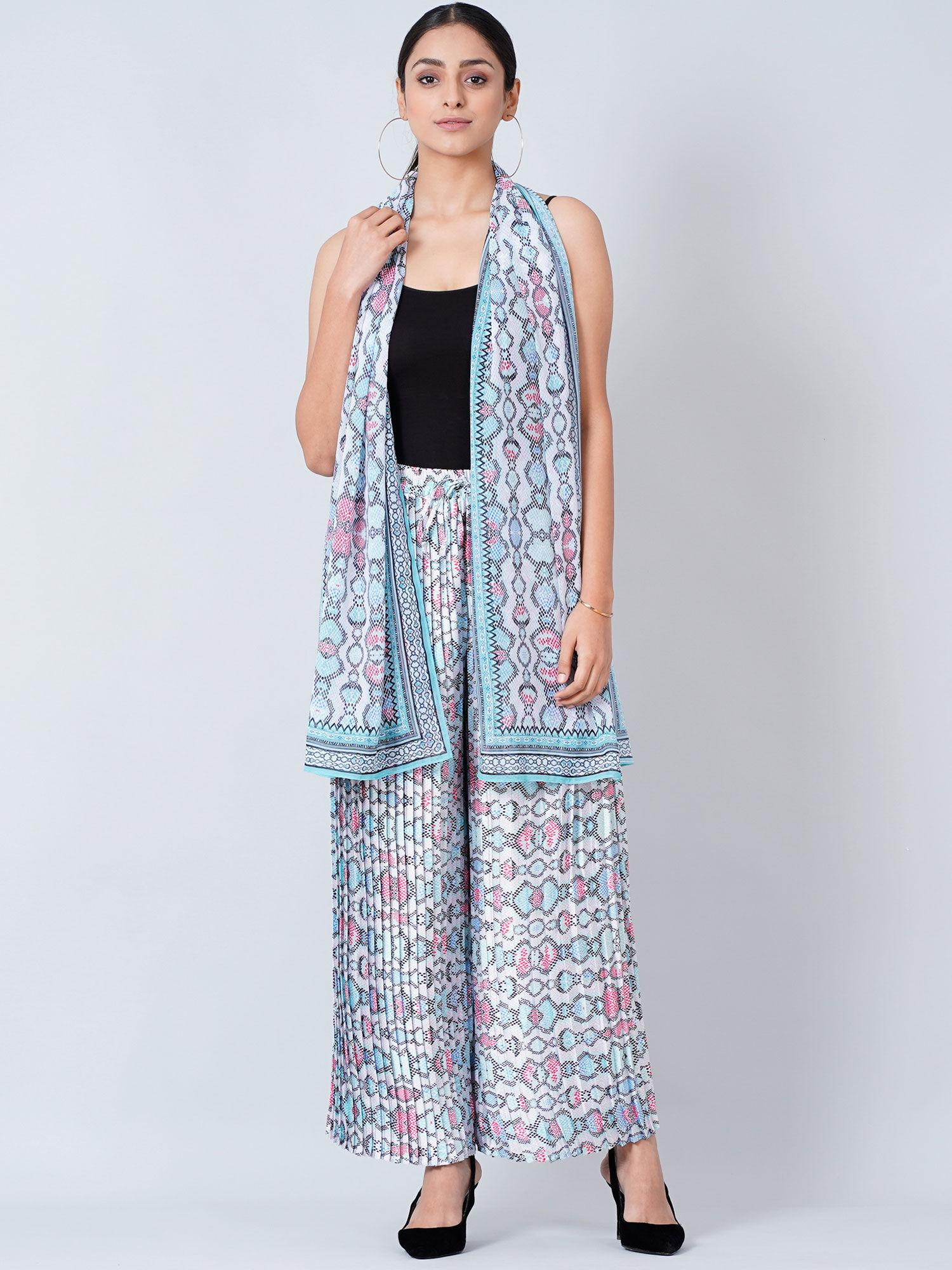 blue geometric pleated palazzo and stole (set of 2)