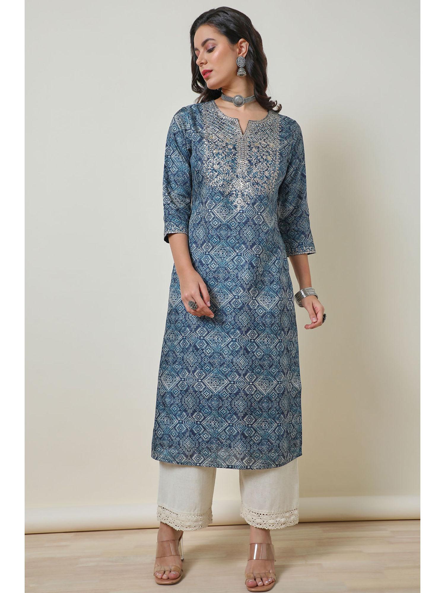 blue geometric print art silk kurta