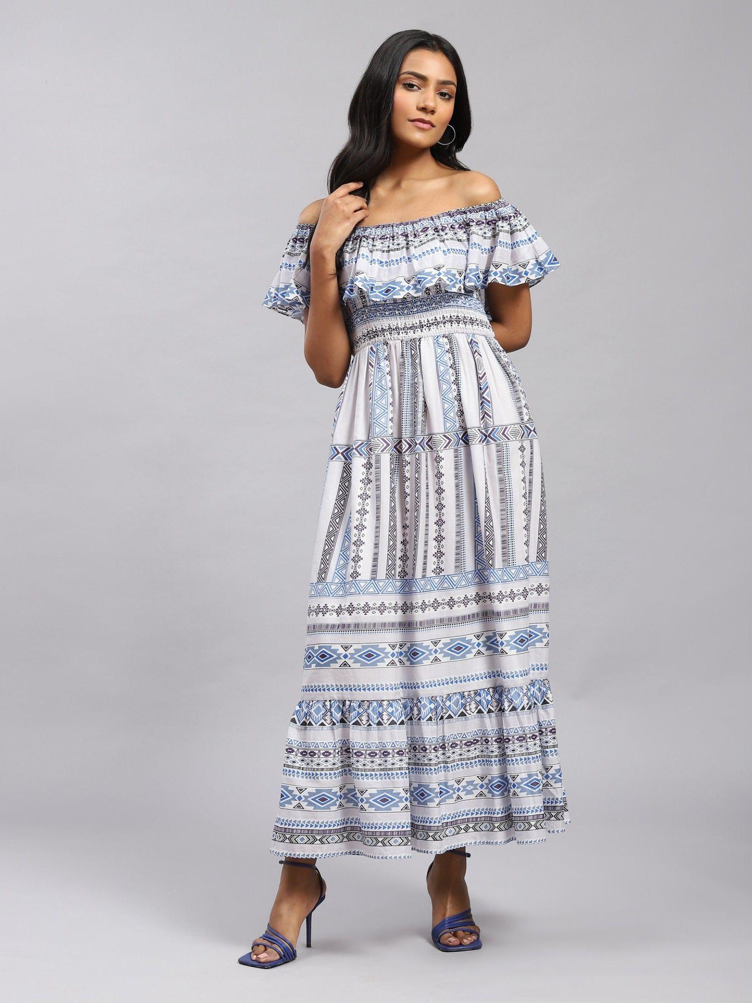 blue geometric print halter long dress