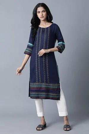 blue geometric print kurta in keyhole neckline