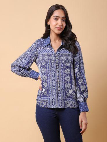 blue geometric print shirt