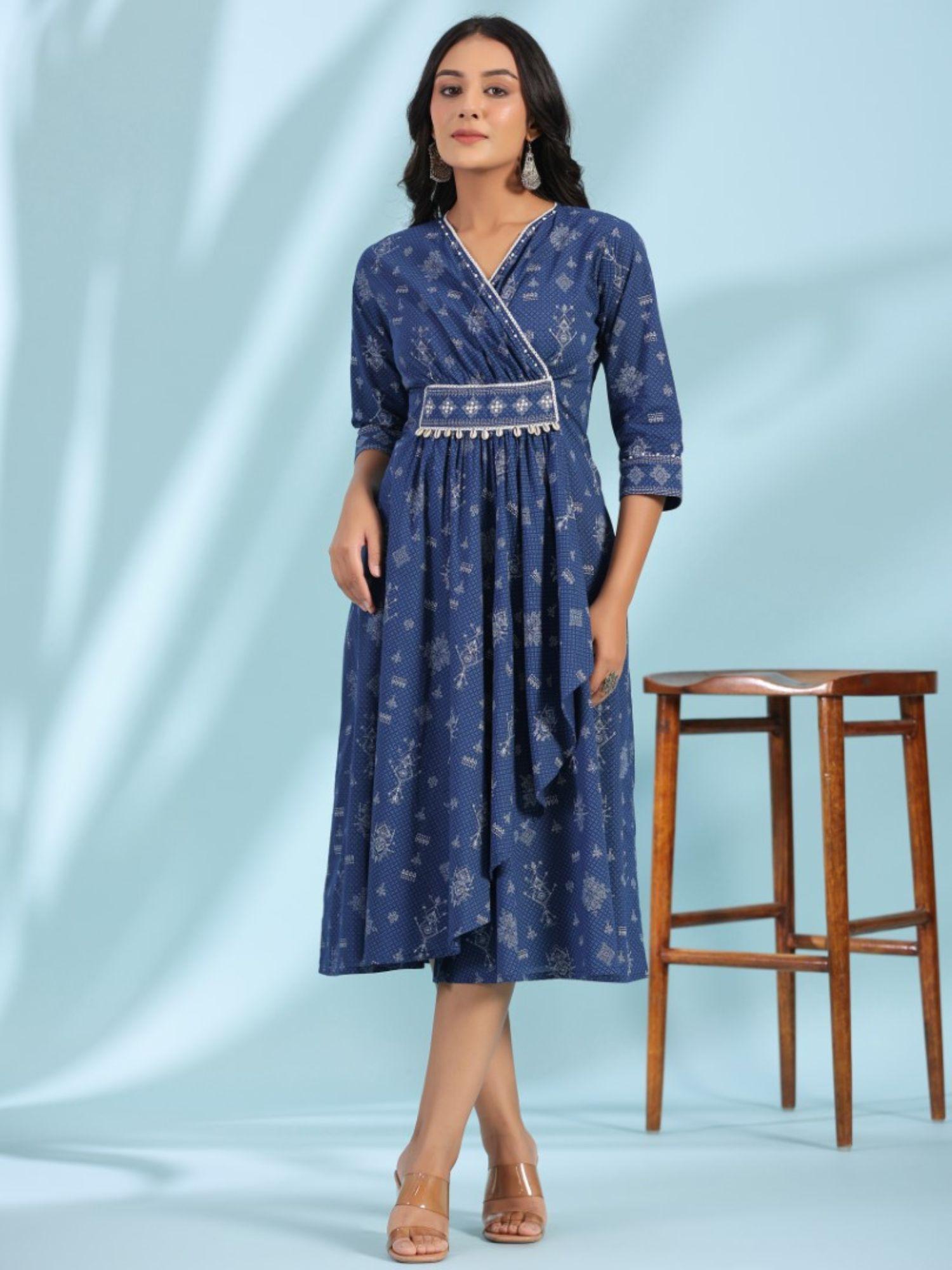 blue geometric printed pure cotton midi dress with lace work