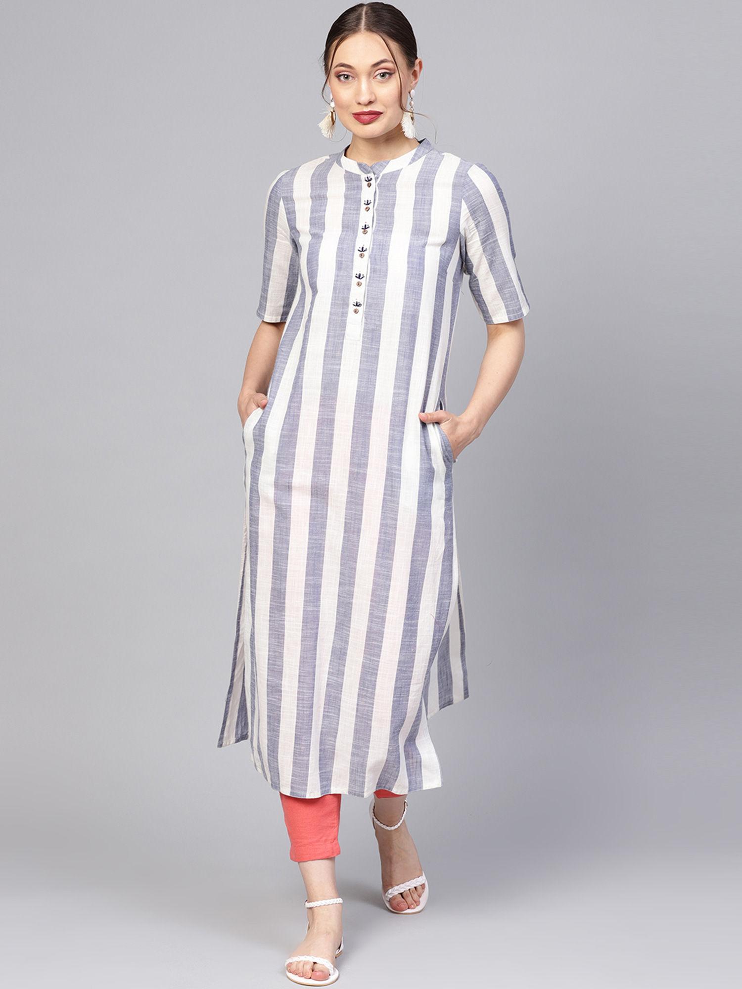 blue geometric straight yarn dyed cotton kurta