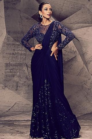 blue georgette & lycra embroidered draped gown saree