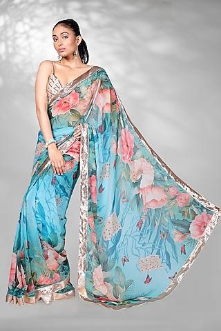 blue georgette & navratna silk floral digital printed saree set