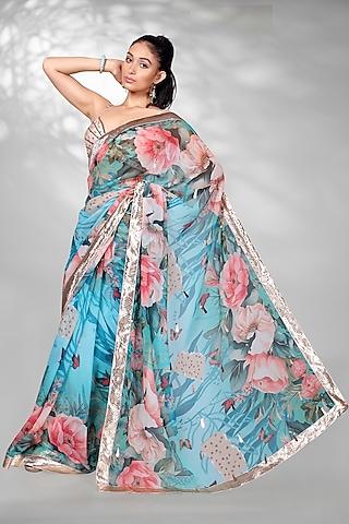 blue georgette & navratna silk floral digital printed saree set