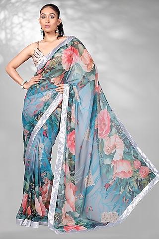 blue georgette & navratna silk floral digital printed saree set