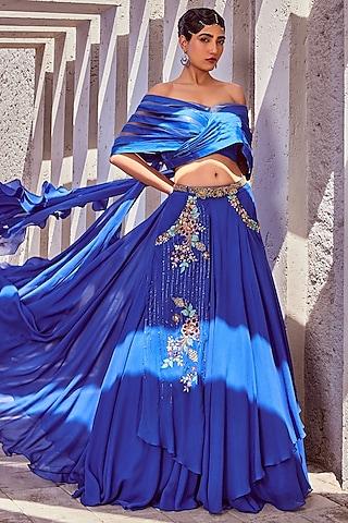 blue georgette & net embroidered lehenga set