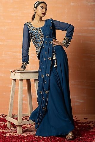 blue georgette & raw silk sequins embroidered draped sharara saree set