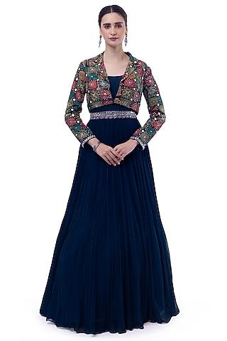 blue georgette & silk embellished gown with jacket