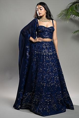 blue georgette chikankari sequins embroidered lehenga set