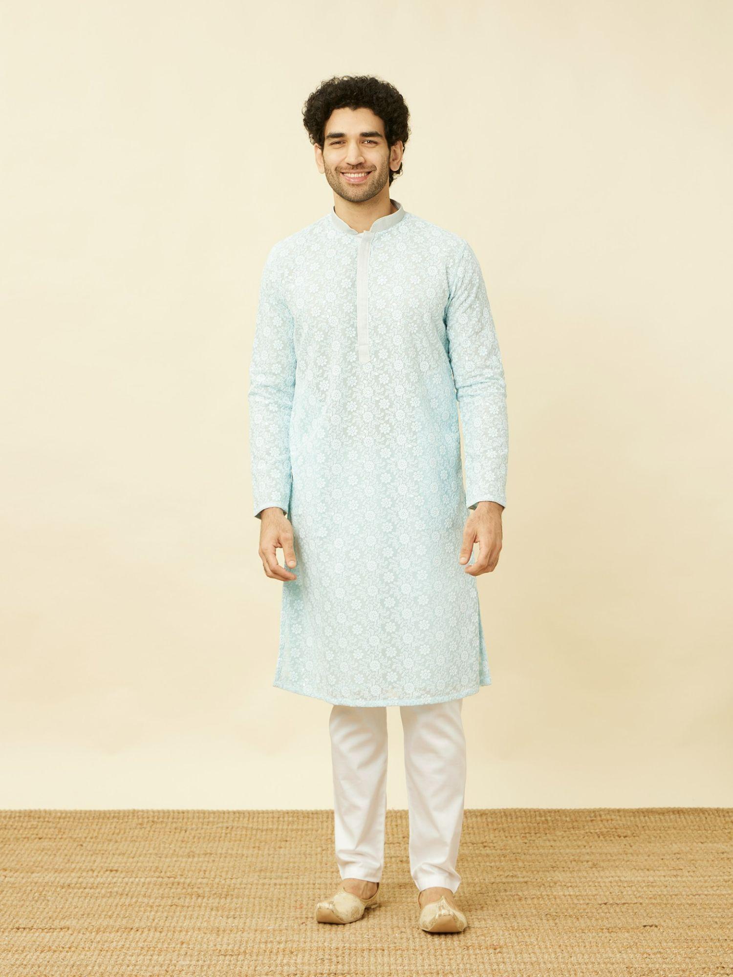 blue georgette chikankari traditional kurta (set of 2)