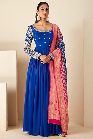 blue georgette crepe embroidered anarkali set