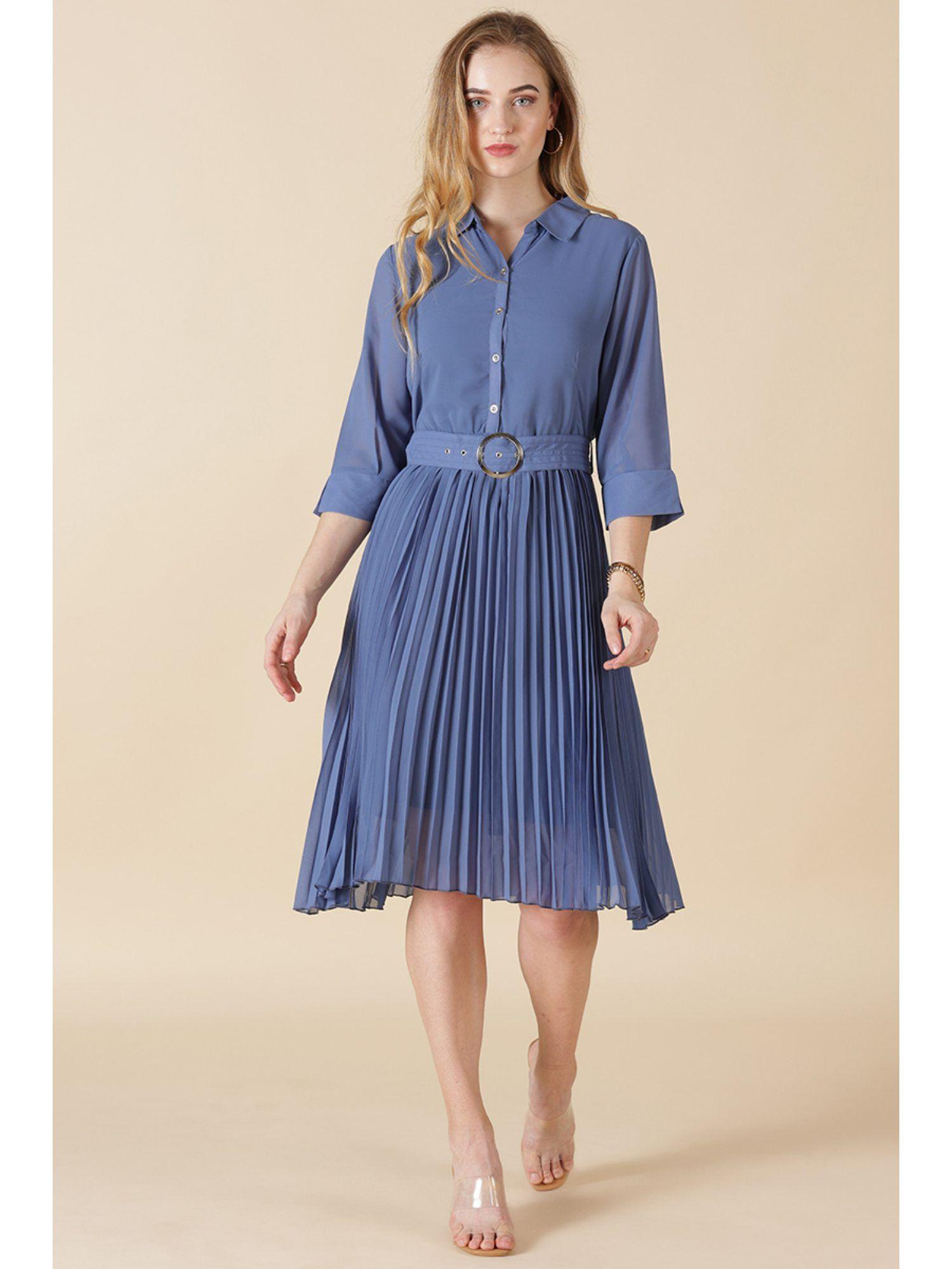 blue georgette dress with belt