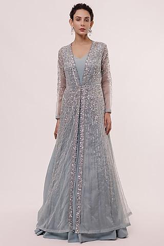 blue georgette embellished gown with jacket