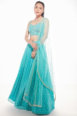 blue georgette embellished ruched lehenga set