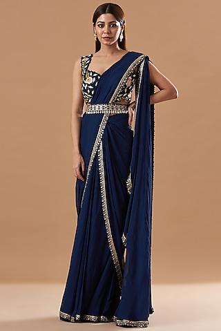 blue georgette embroidered draped saree set