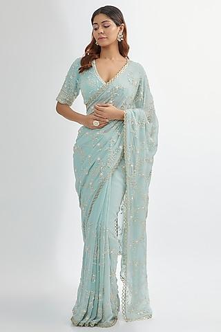 blue georgette embroidered saree set