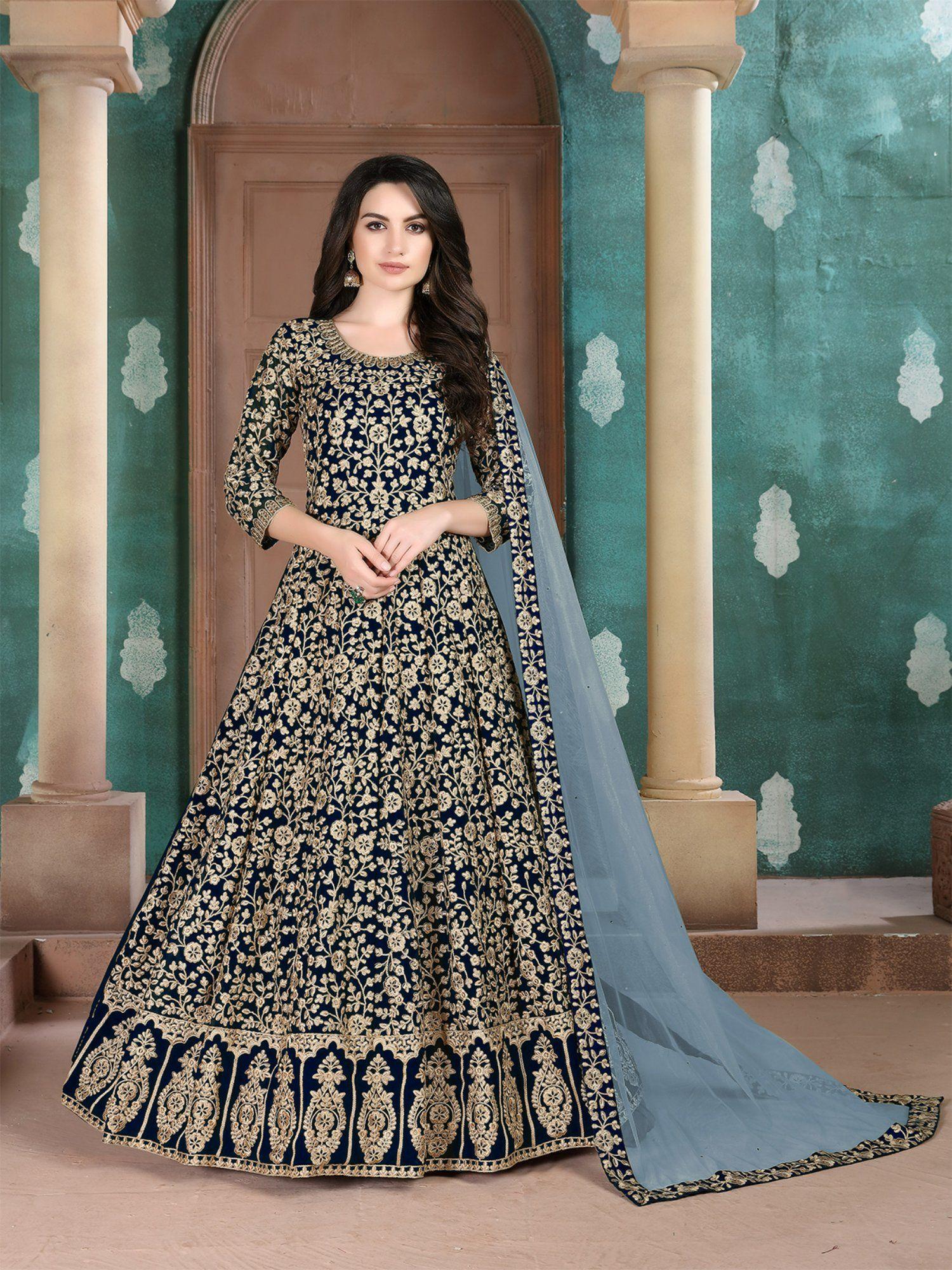 blue georgette embroidered semi stitched dress material (set of 3)