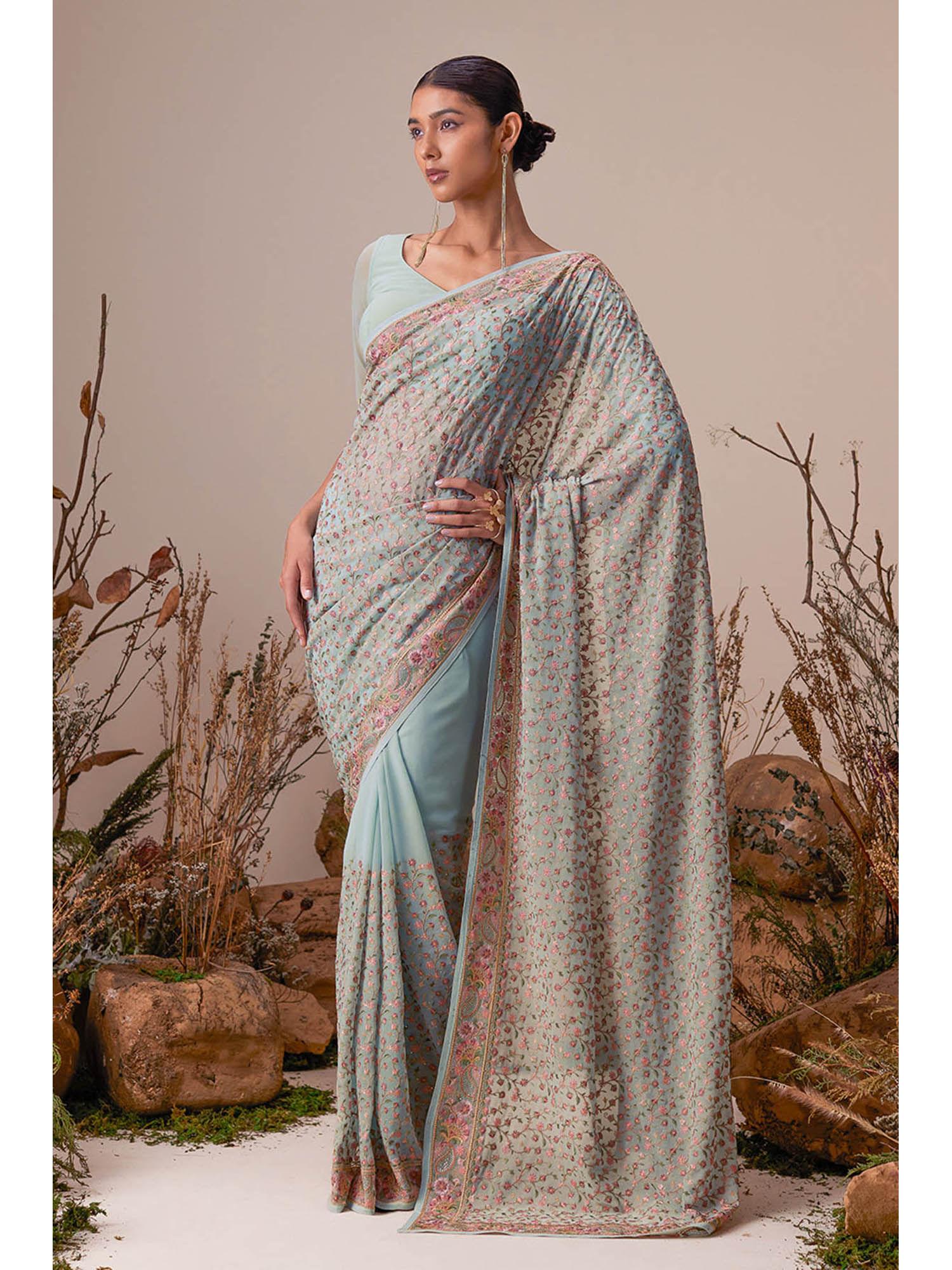 blue georgette floral print saree with unstitched blouse