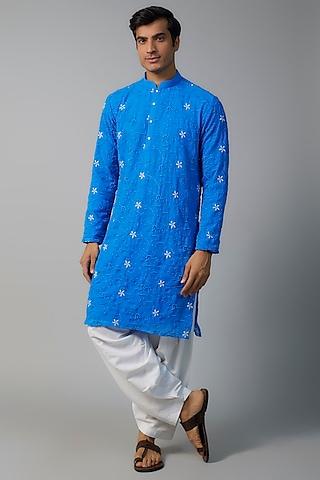 blue georgette floral thread embroidered kurta set